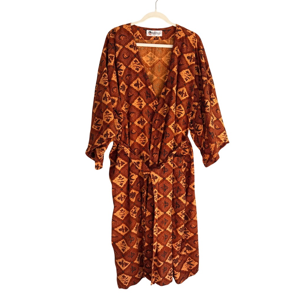 Batik Keris Indonesian Viscose Robe Terracotta Geometric Print Kimono Wrap OS